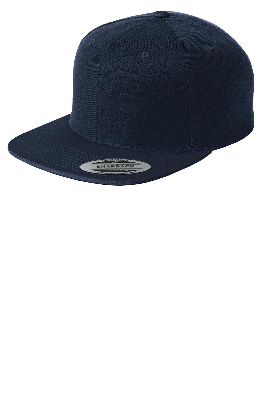 A flat bill snapback cap in navy blue with a logo on the front.
