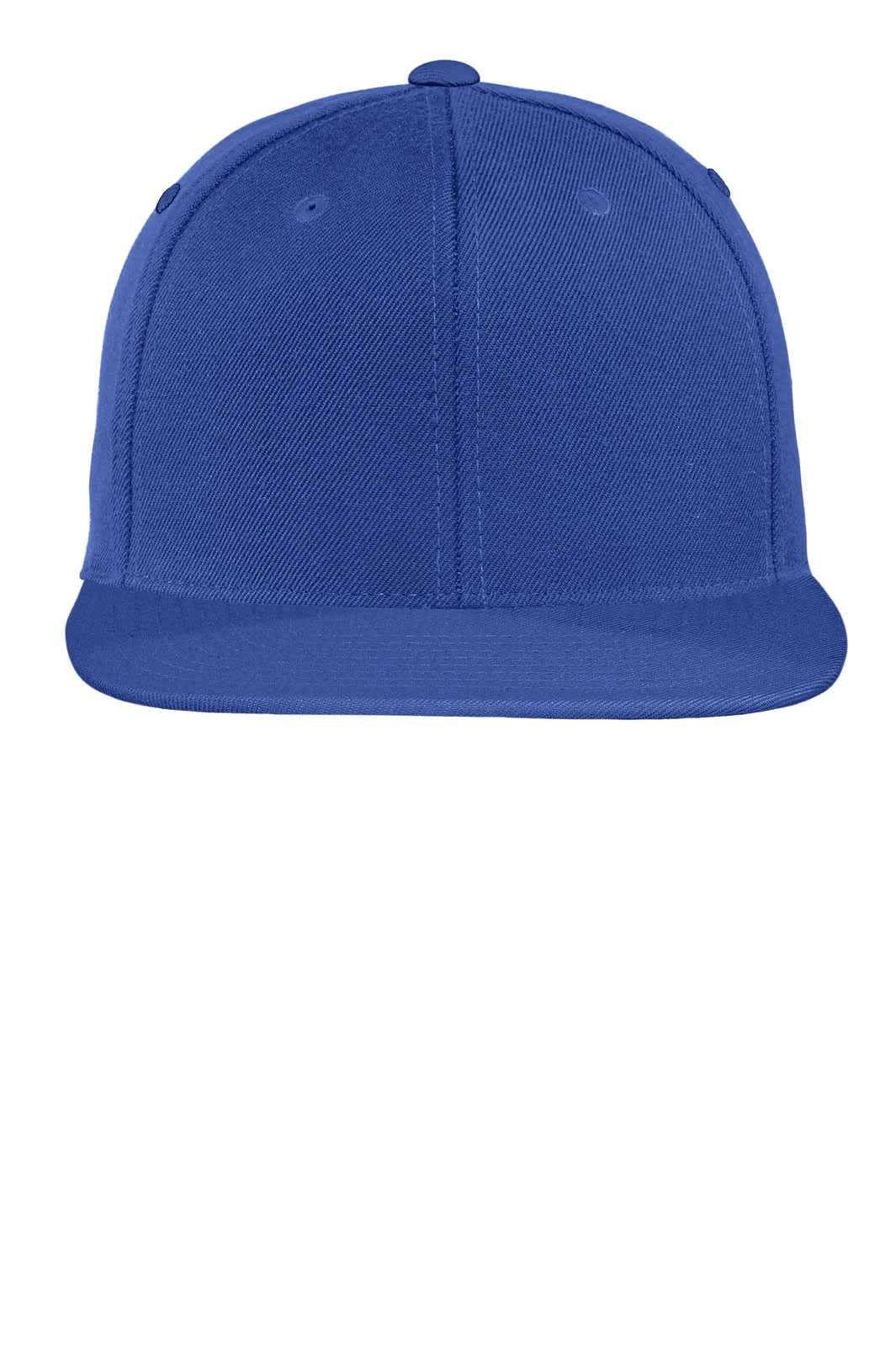 A blue flat bill snapback cap with a structured design, featuring a logo on the front.