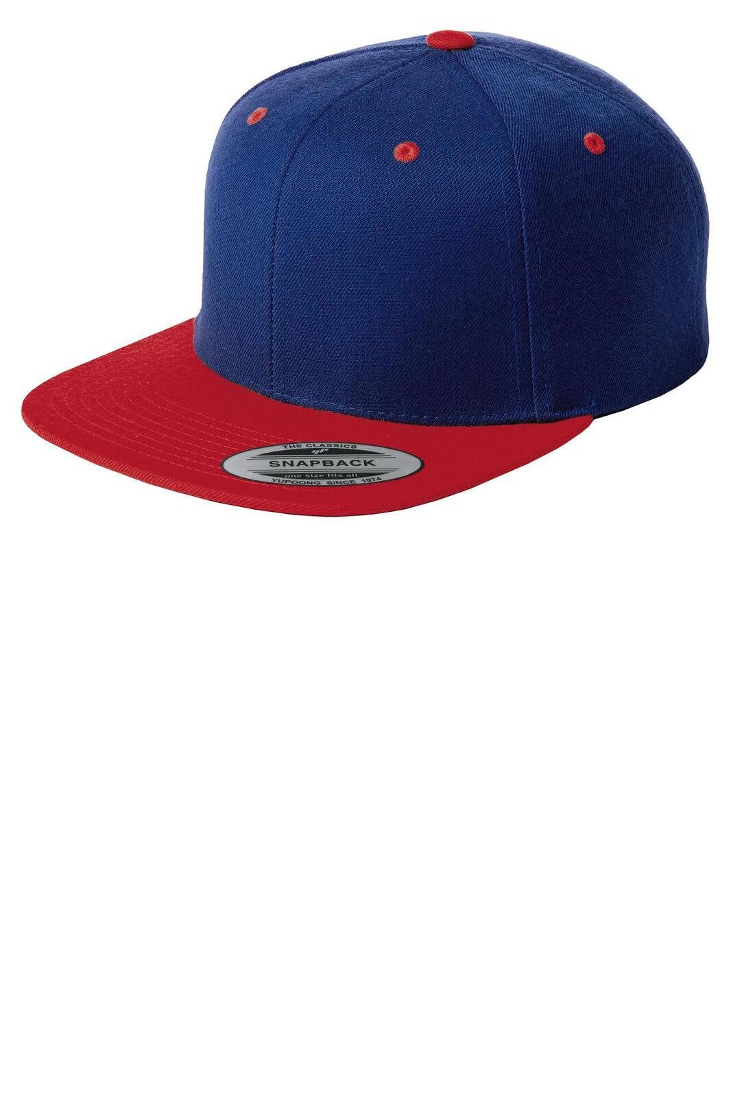 A flat bill snapback cap featuring a navy blue body and a red peak, complete with a logo on the front.