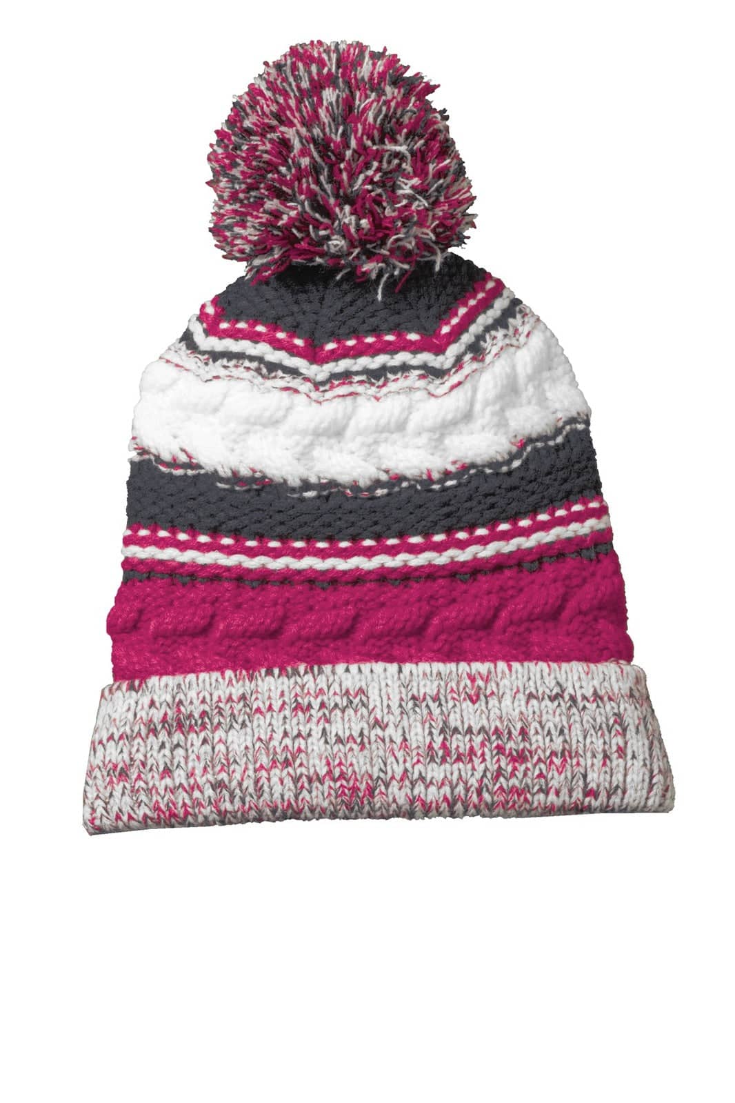 A multicoloured beanie featuring pink, grey, and white with a pom pom on top and a knitted pattern.