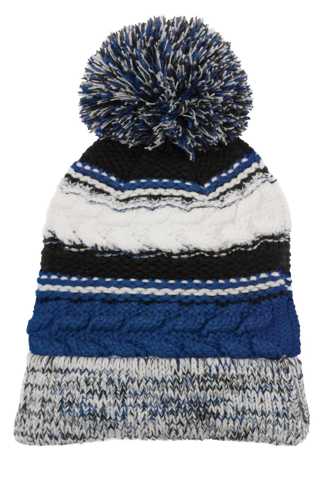 A beanie with a large pom pom, featuring a mix of blue, black, white, and grey stripes.