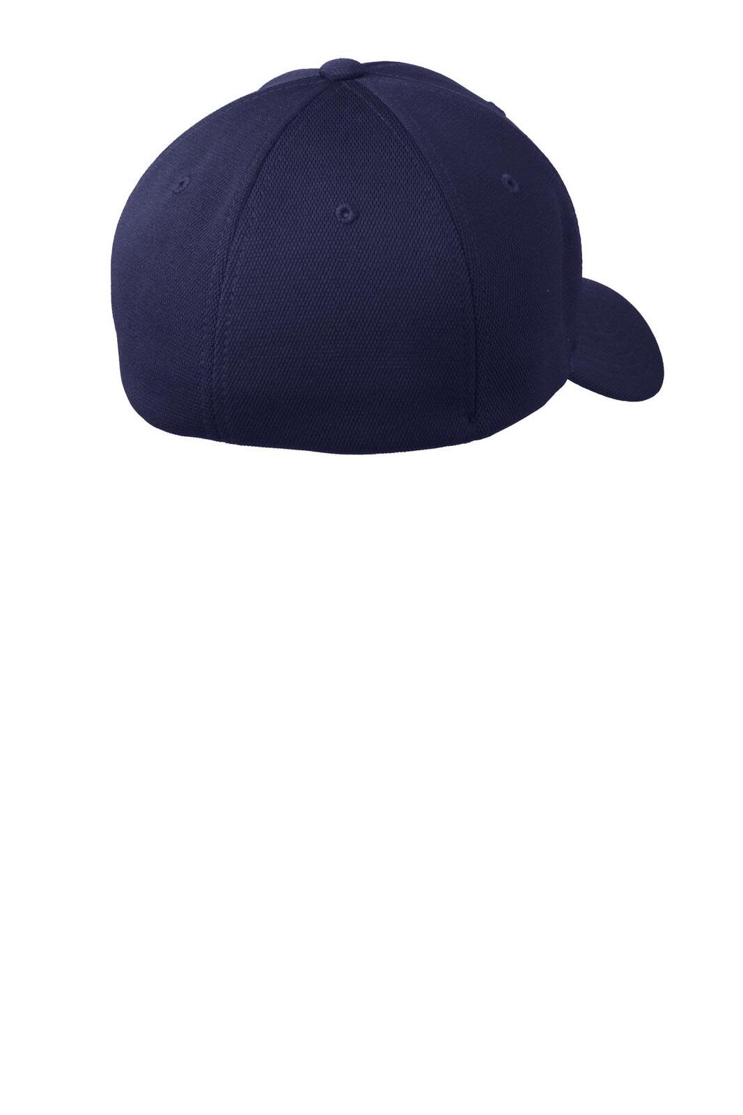 A navy blue cap with a rounded design and a curved brim, featuring ventilation holes and a logo.