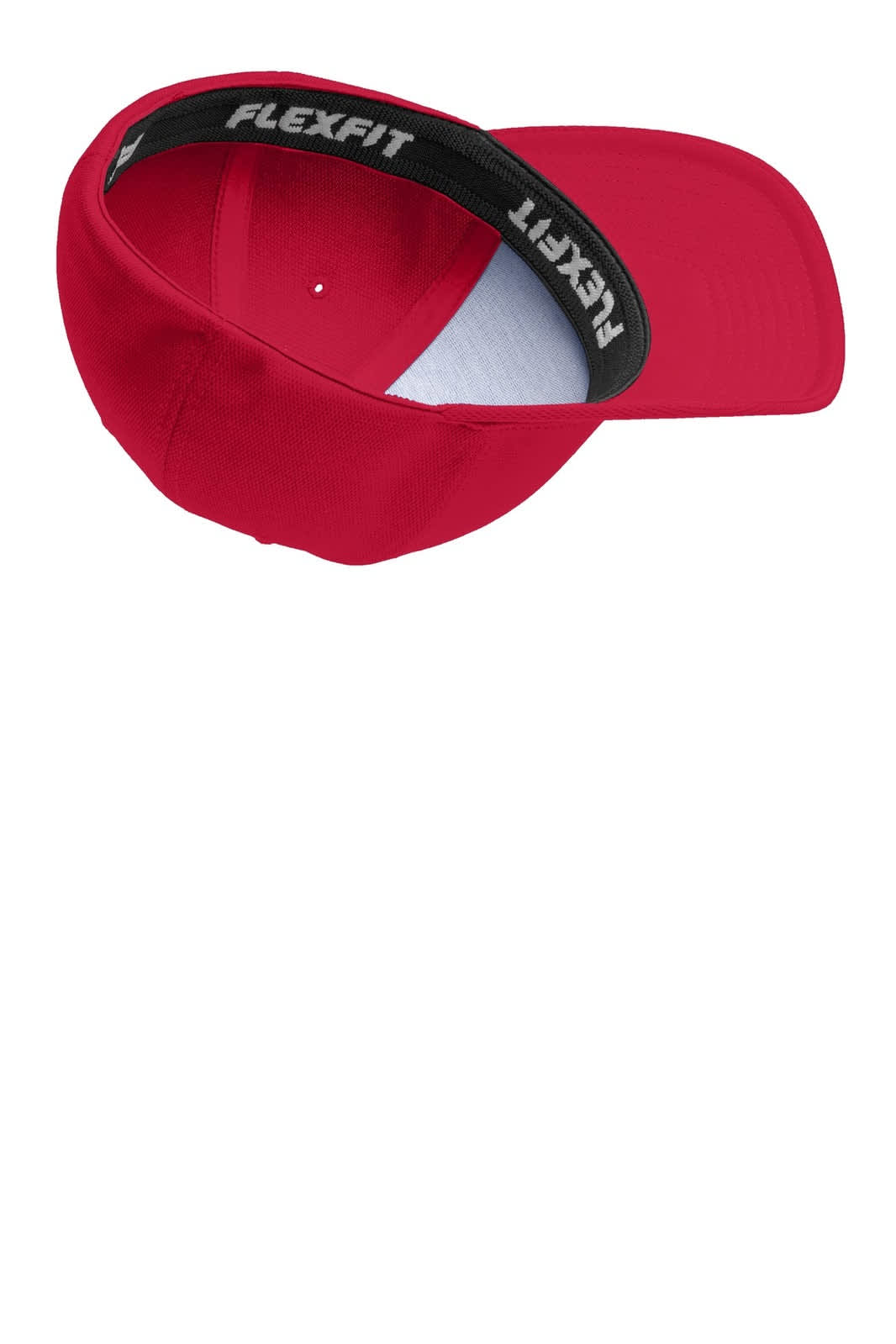 A red cap with a black inner band, featuring a logo at the back.