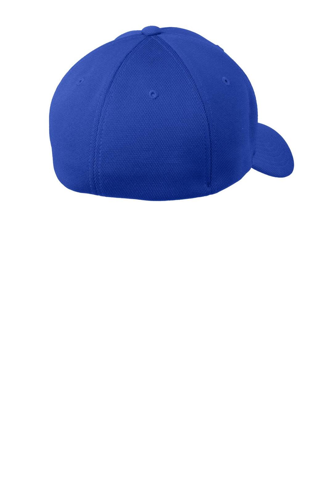 A blue Flexfit Cool & Dry Poly Block Mesh cap featuring a fitted design and ventilation. The cap has a logo on it.
