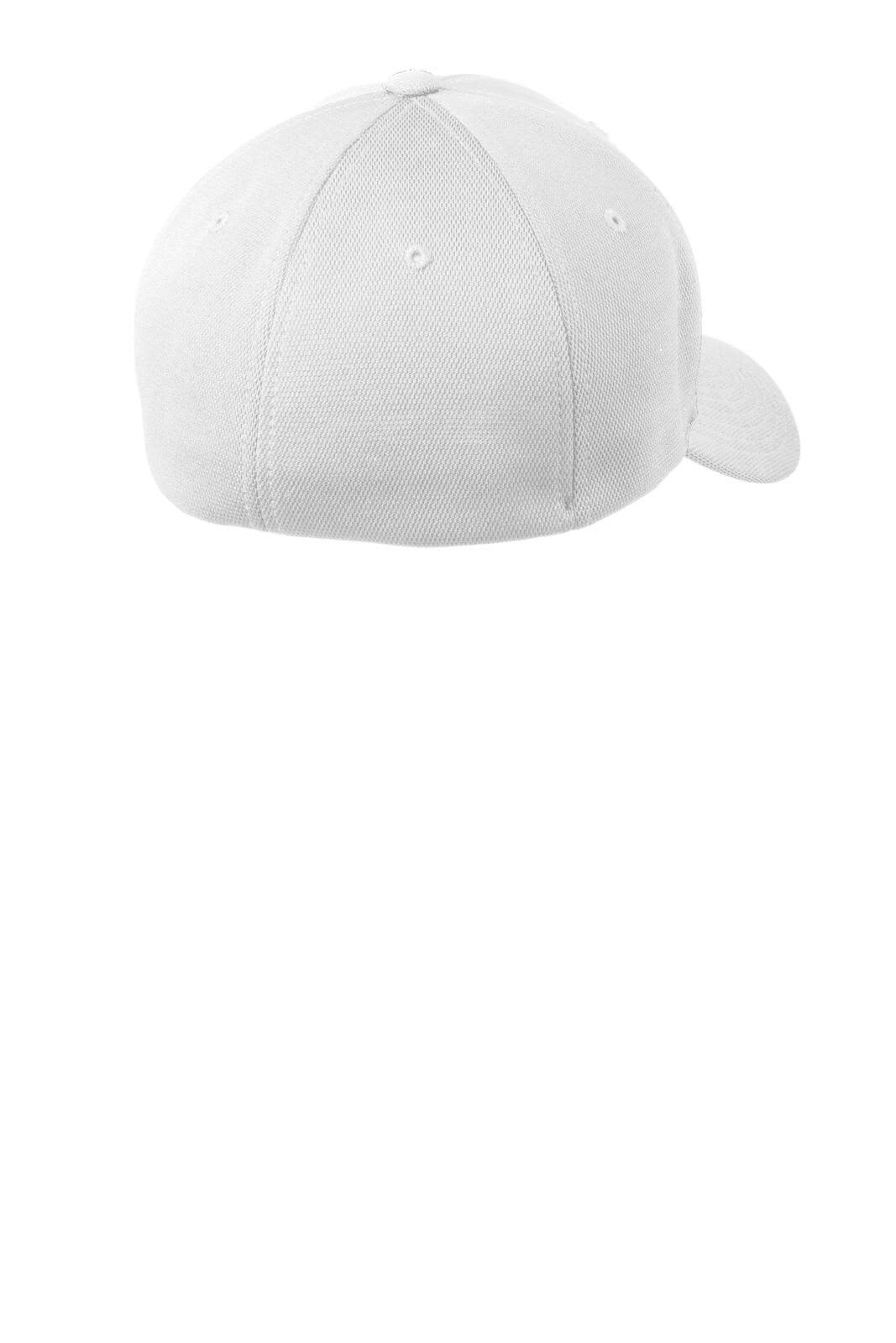 A white cap with a structured design, featuring a curved brim and an adjustable back. It has a logo.