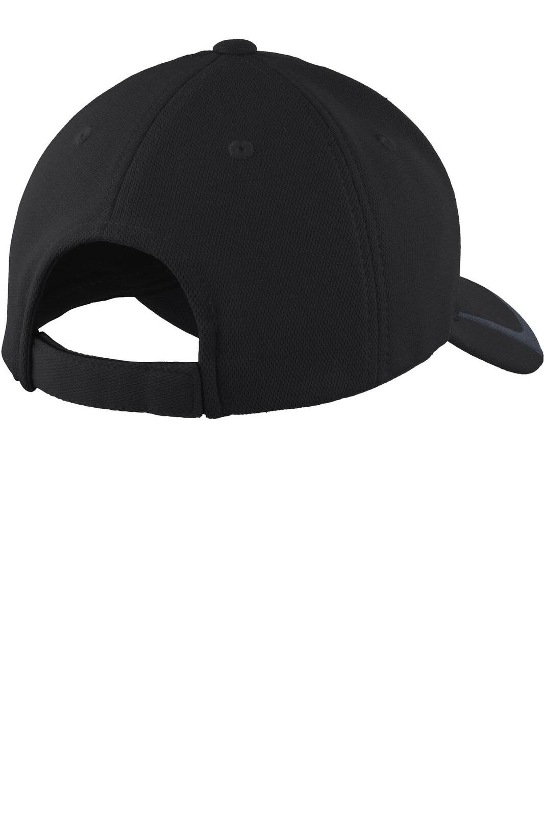 A black Sport-Tek Pique Colorblock Cap featuring a curved peak and an adjustable strap at the back.