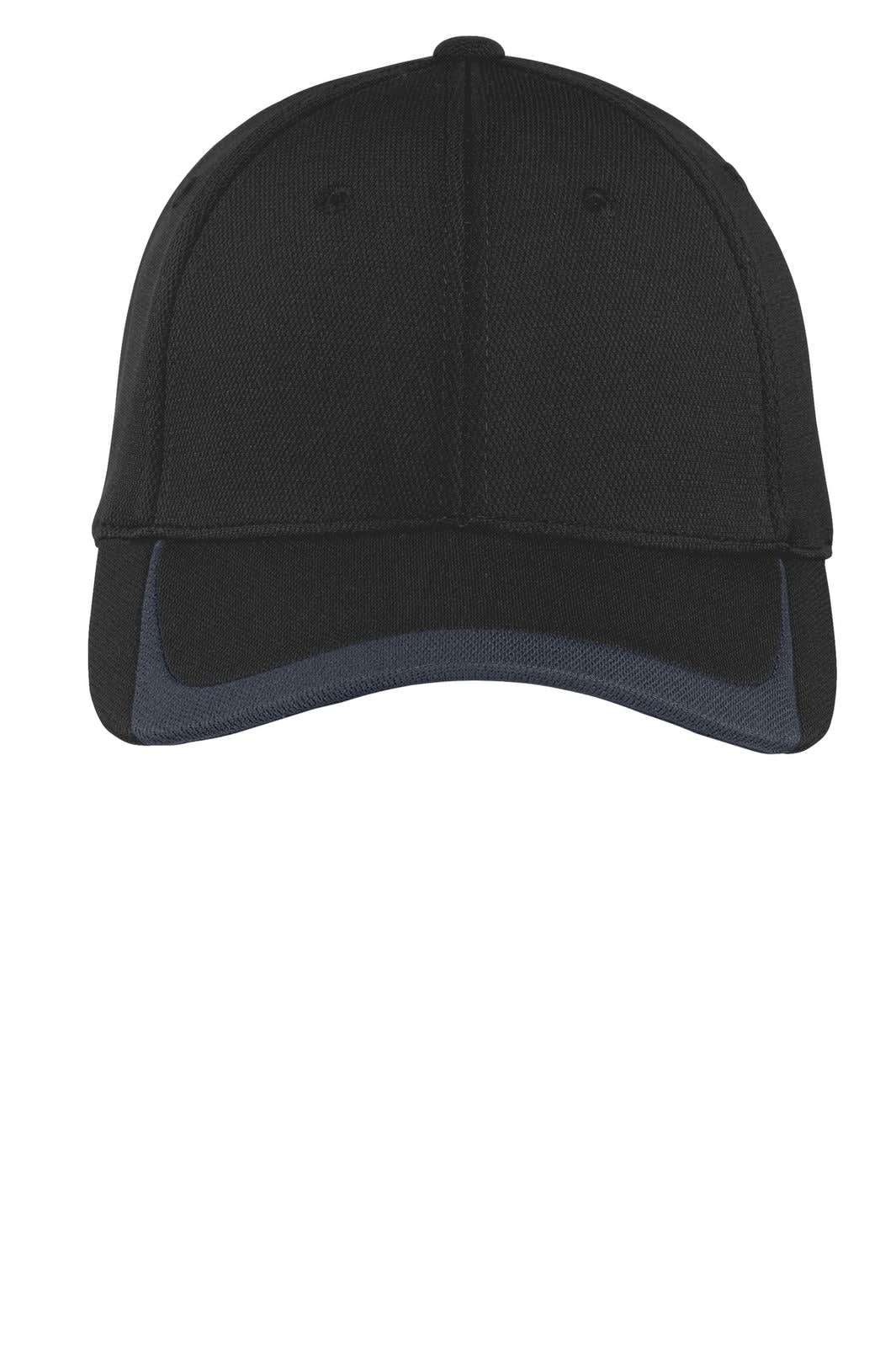 A black cap with a colourblock design featuring a navy peak and embroidered logo on the front.