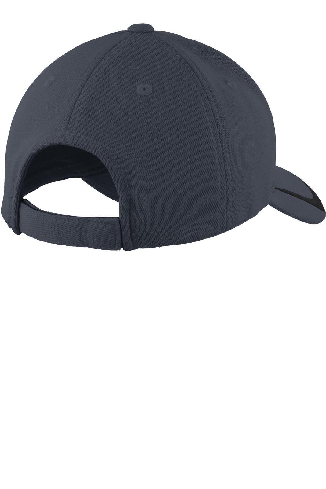 A navy blue Sport-Tek Pique Colorblock Cap with a curved brim and an adjustable strap at the back.