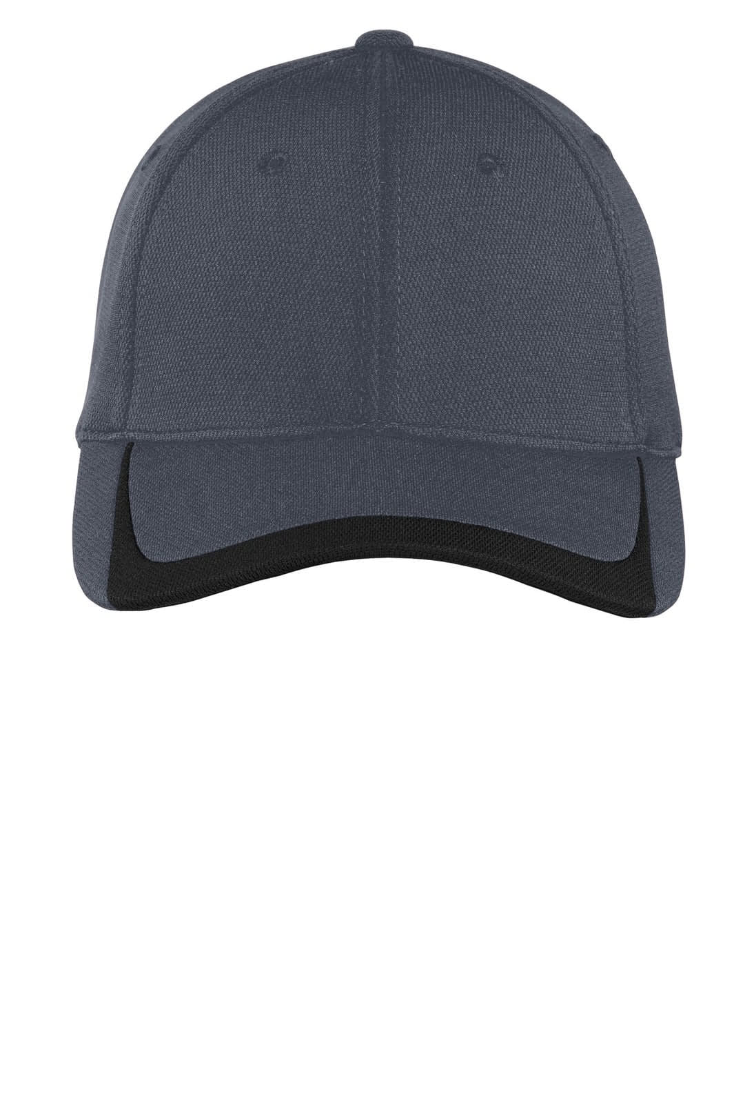 A grey and black cap featuring a colourblock design and a logo on the front.