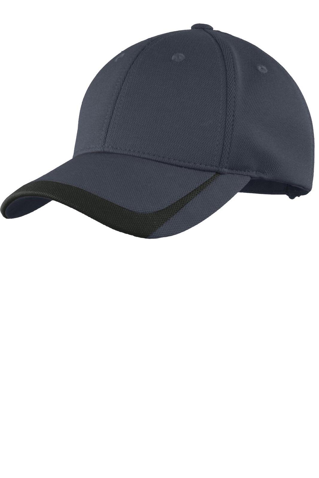 A navy cap with a contrasting black peak and a logo on the front. Features a classic baseball cap design.