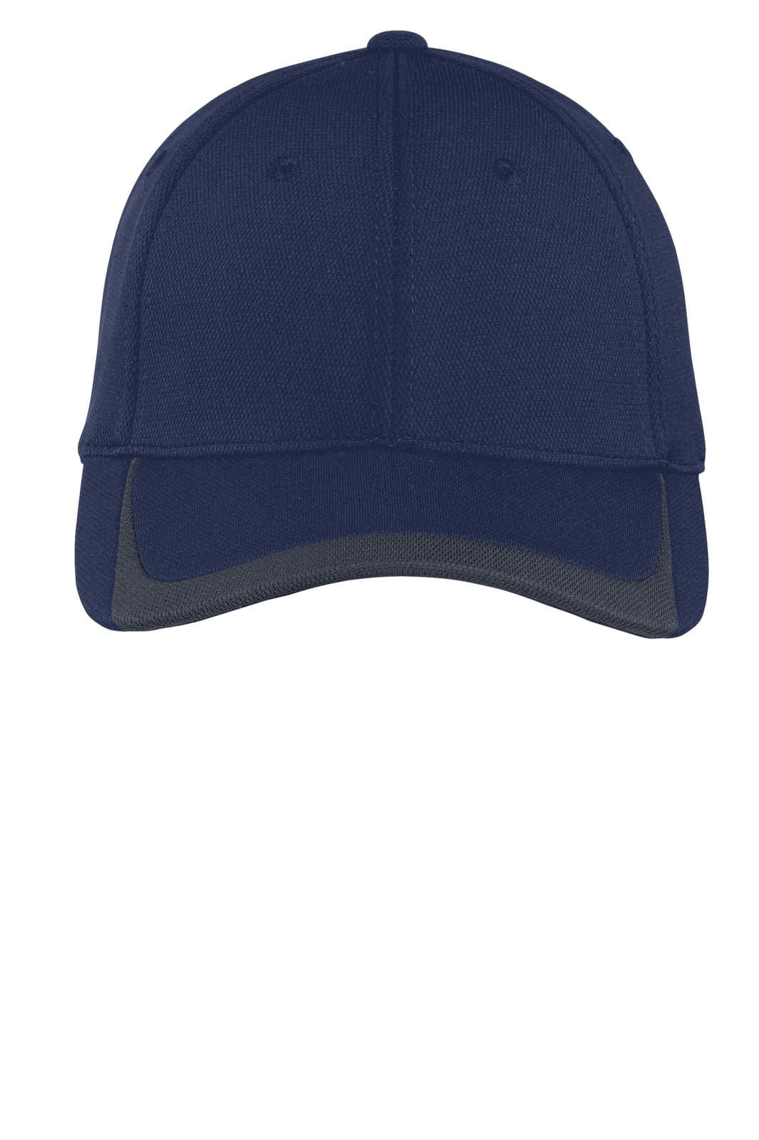 A navy blue cap with a colourblock design, featuring a darker visor and a branded logo.