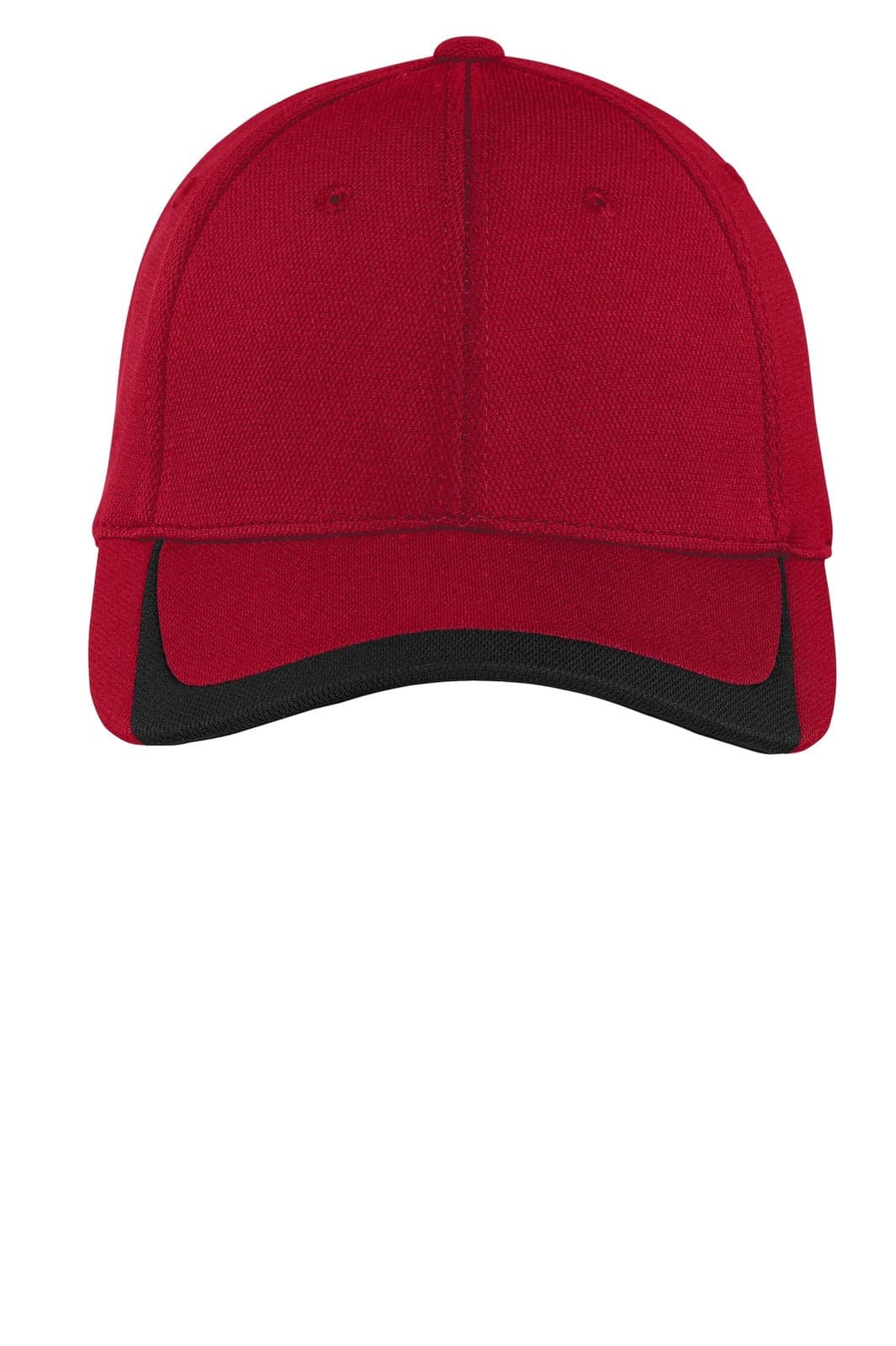 A red and black cap with a curved brim and a logo on the front.