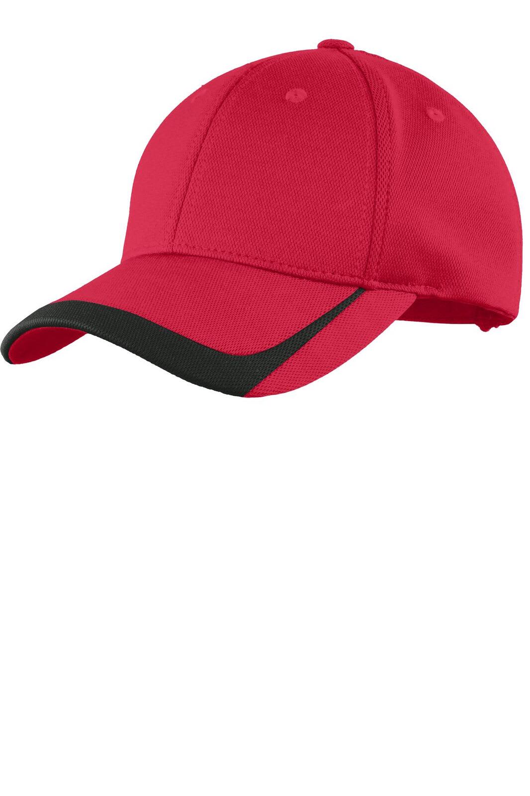 A red cap with a black colourblock design, featuring a rounded crown and curved brim. It has a logo on the front.