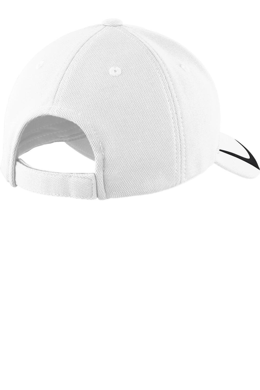 A white cap featuring a back strap and a logo, designed with a classic style.