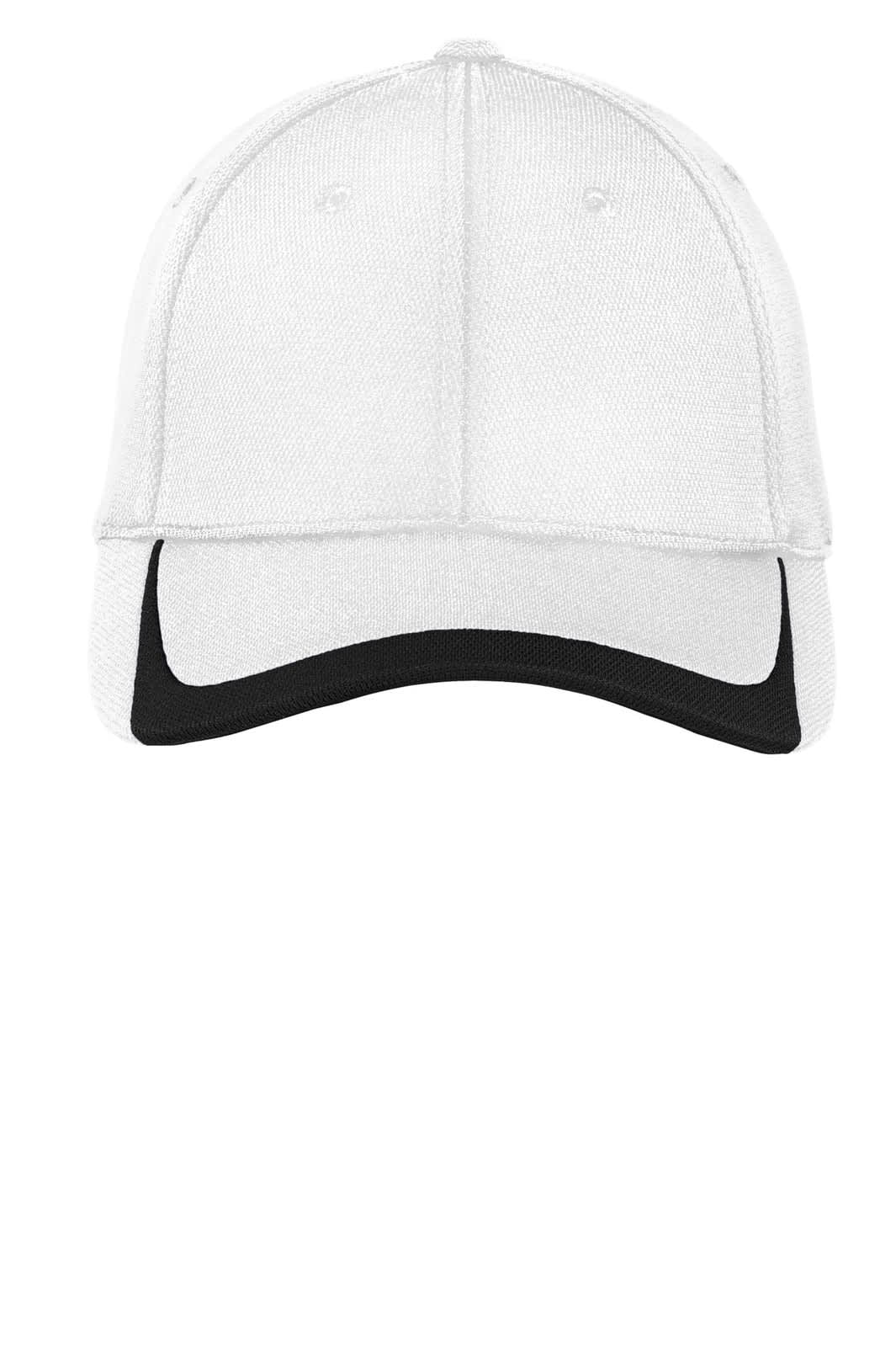 A white cap with a black colourblock design, featuring vents and a logo on the front.