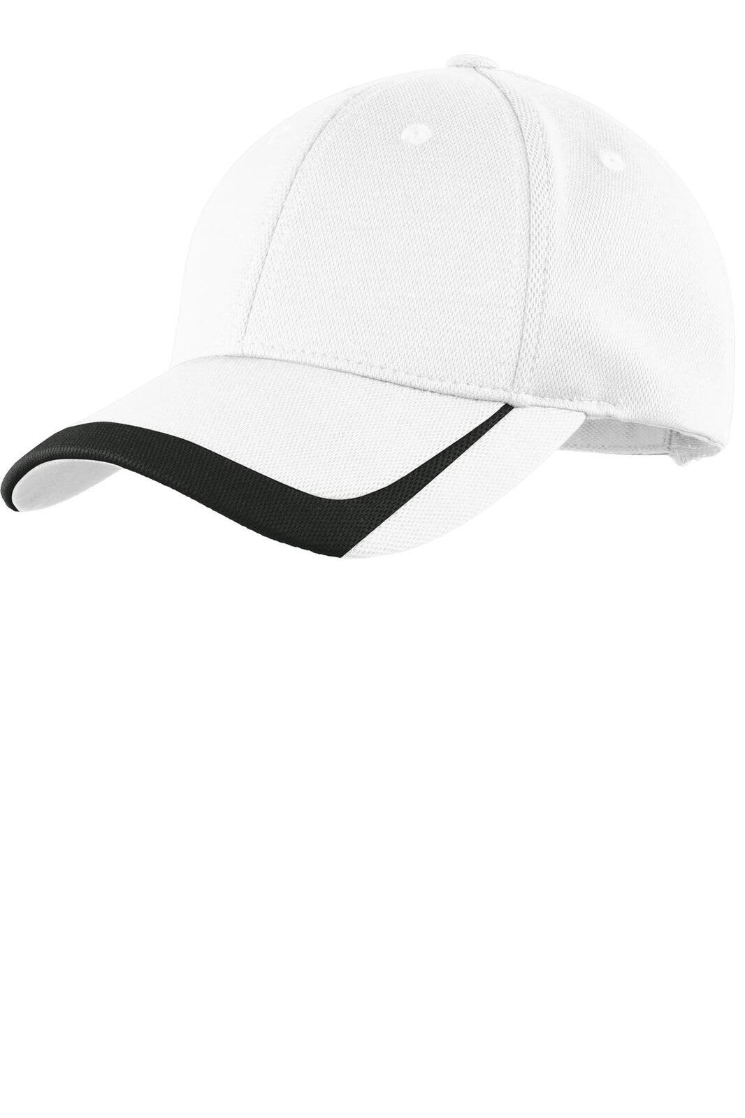 A white cap with a black colourblock design and a curved visor, featuring a logo on the front.