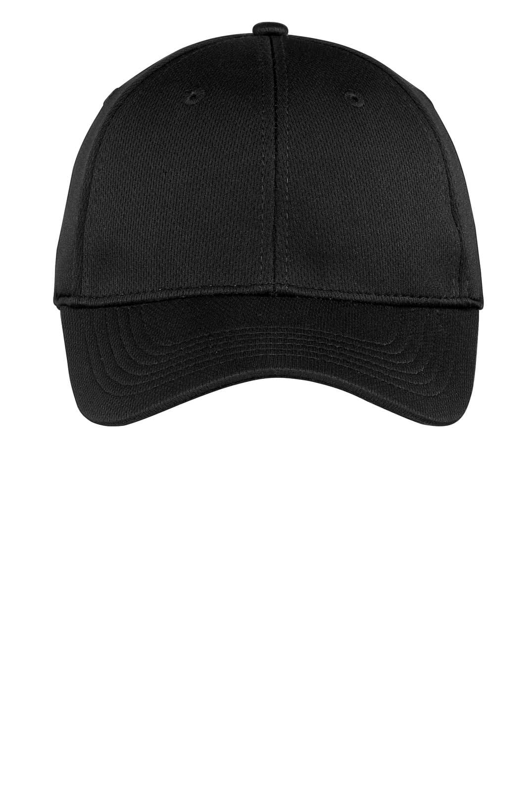 A black cap featuring a structured design and a visible logo on the front. Ideal for sporty or casual wear.