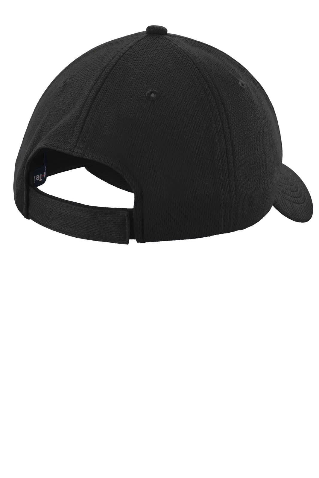 A black cap with a curved brim and adjustable strap at the back, featuring a logo.