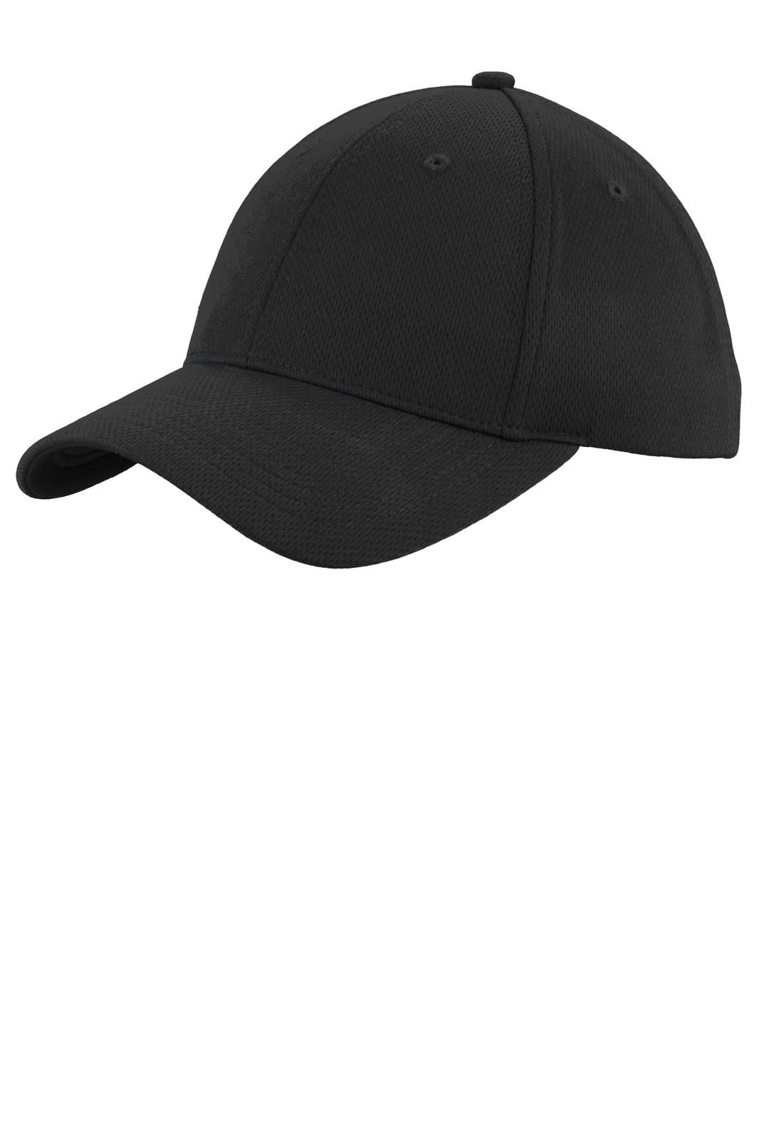 A black cap with a structured design, featuring a curved brim and a logo on the front.