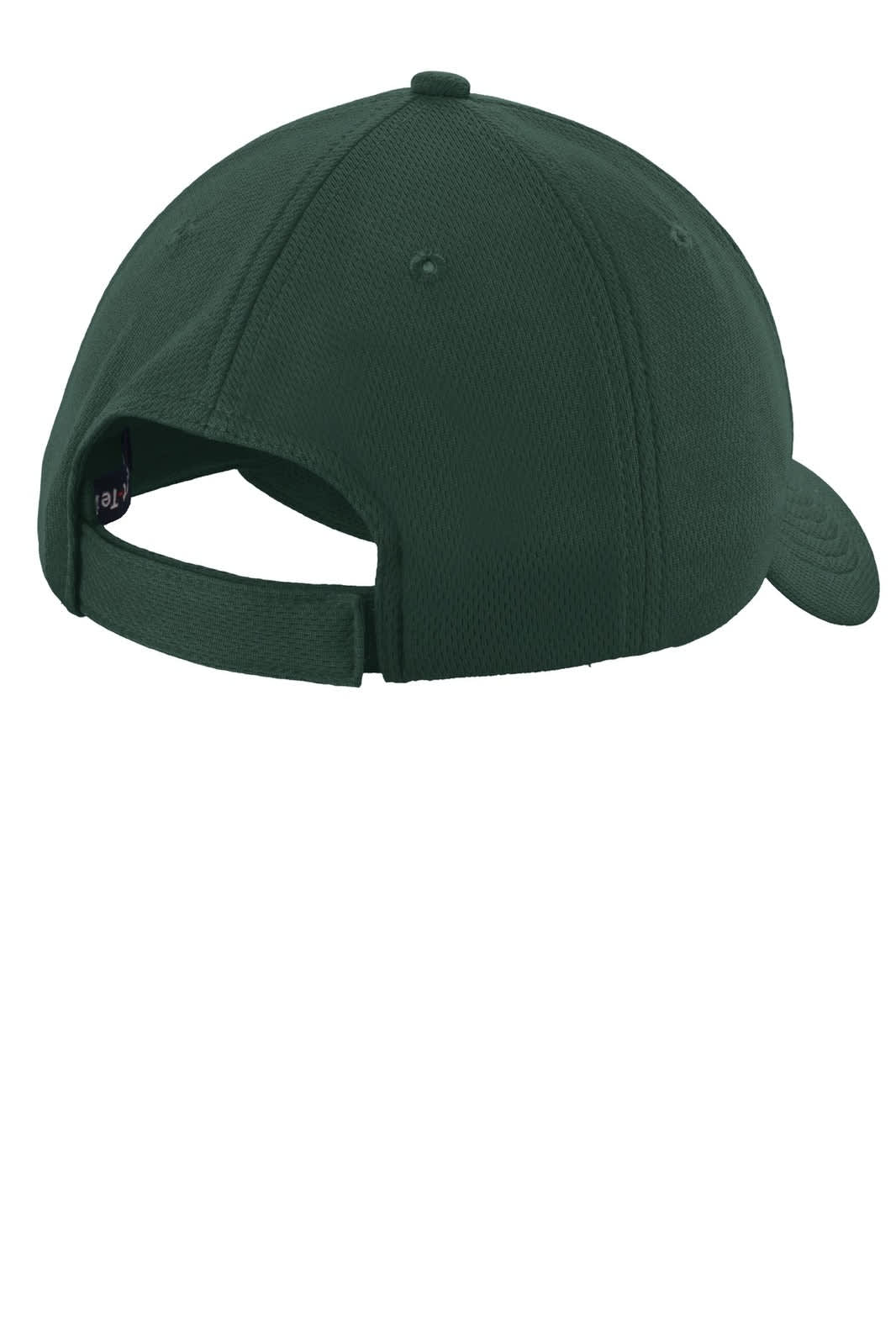 A green Sport-Tek PosiCharge RacerMesh Cap featuring a back adjustable strap and logo branding.