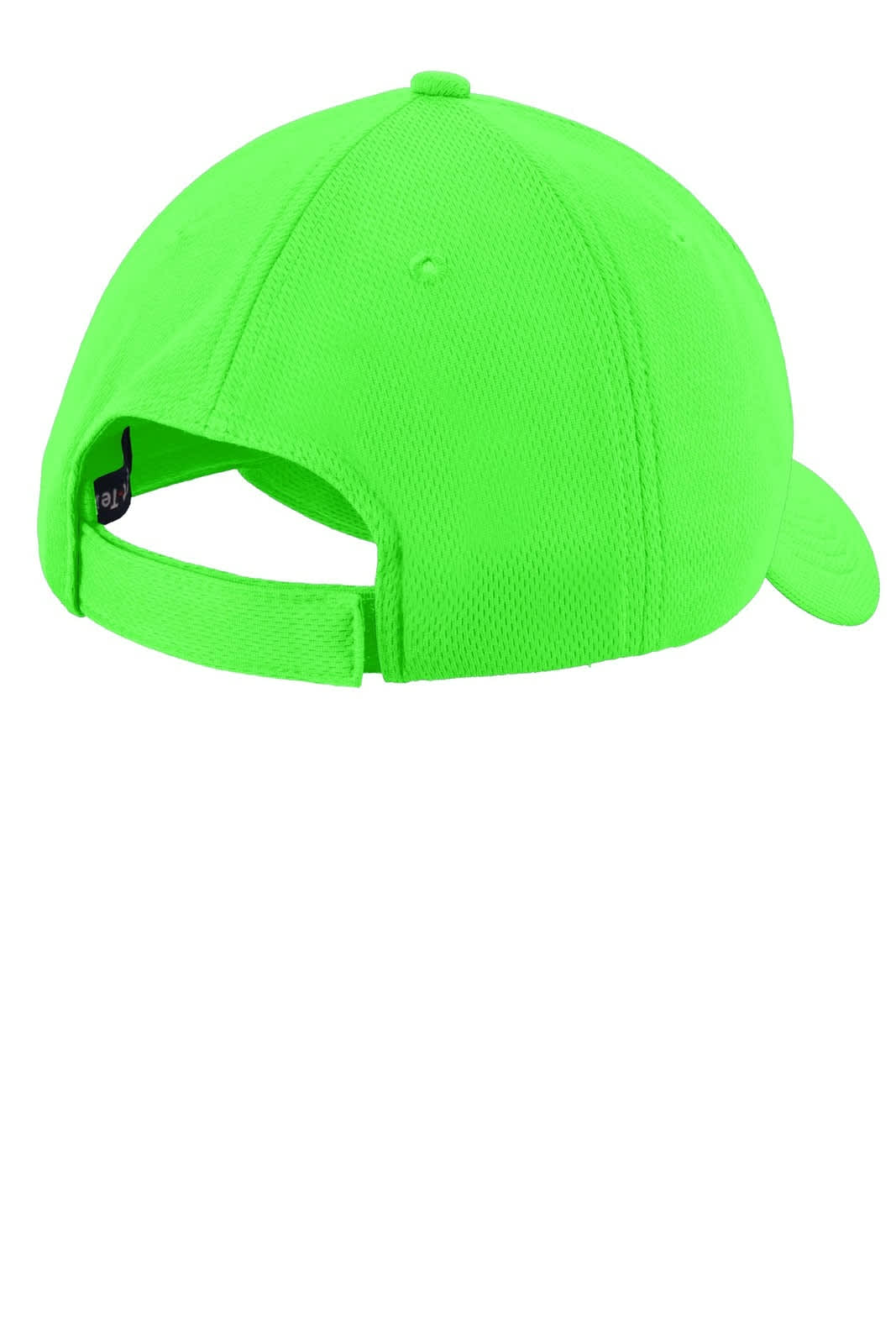 A vibrant green cap featuring a mesh design and an adjustable back strap, with a branding logo on the side.