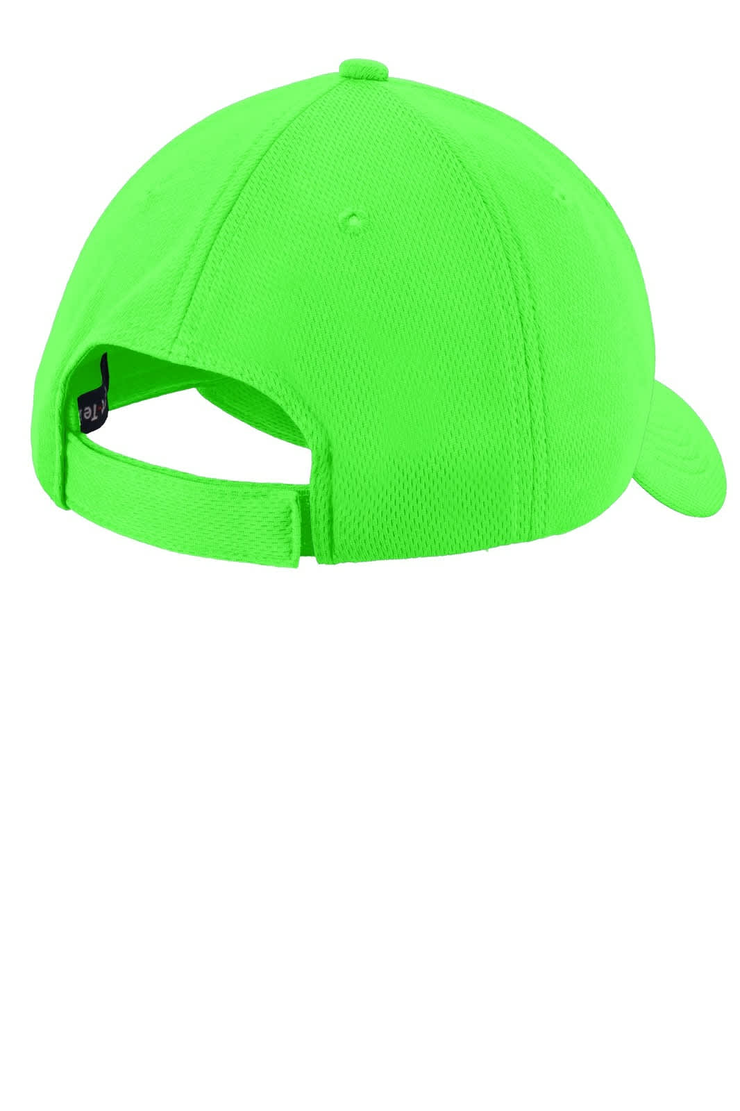 A vibrant green cap featuring a mesh design and an adjustable back strap, with a logo on the side.