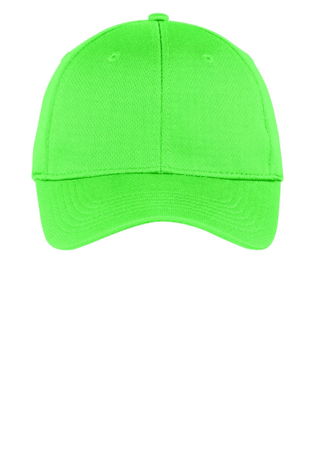 A bright green Sport-Tek PosiCharge RacerMesh cap with a structured front and curved brim. It features a logo.