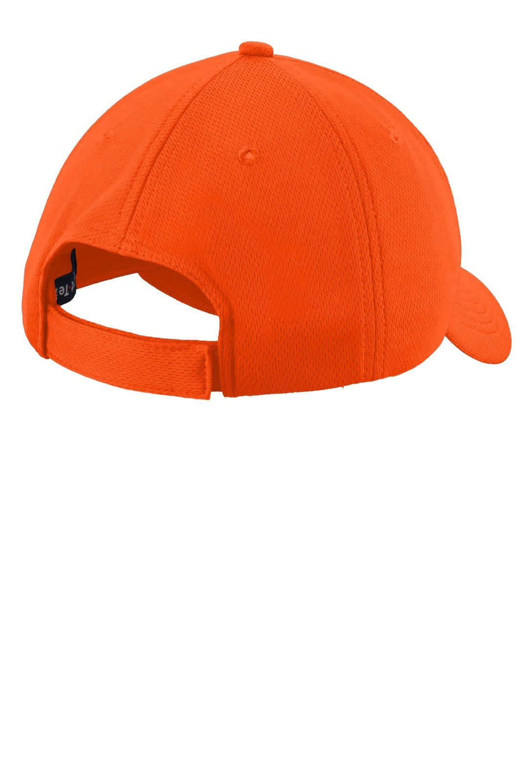 An orange cap featuring a fitted design and an adjustable strap at the back, with a logo on the side.