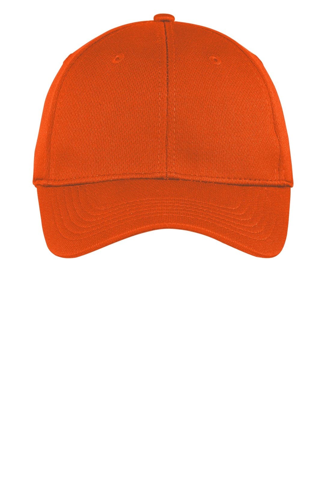An orange Sport-Tek PosiCharge RacerMesh cap with a structured design and a logo on the front.