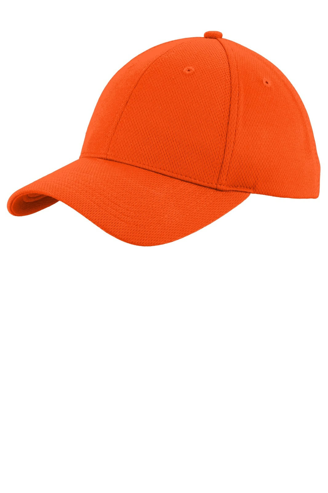 An orange Sport-Tek PosiCharge RacerMesh cap with a flat brim and branded logo.