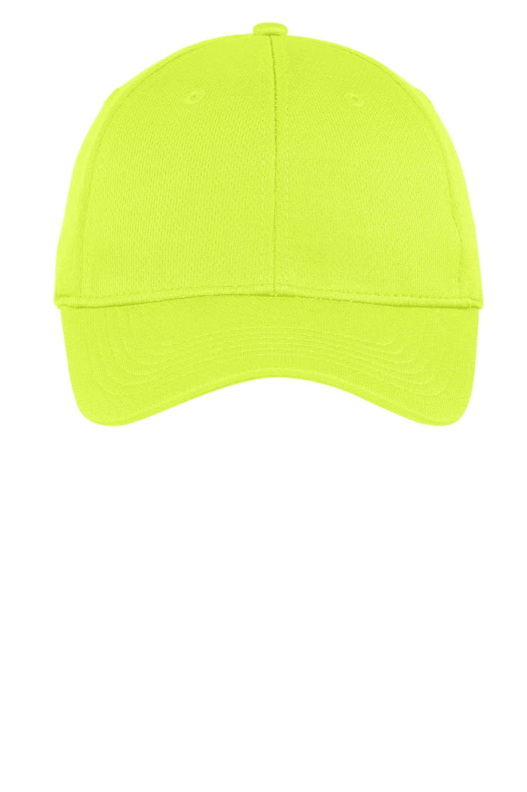 A bright yellow cap with a structured design and a logo on the front.