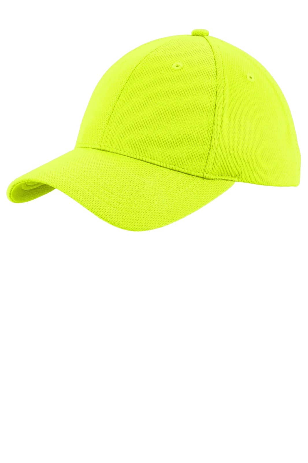 A bright yellow cap with a structured design and a curved brim. It features breathable mesh fabric and a logo.