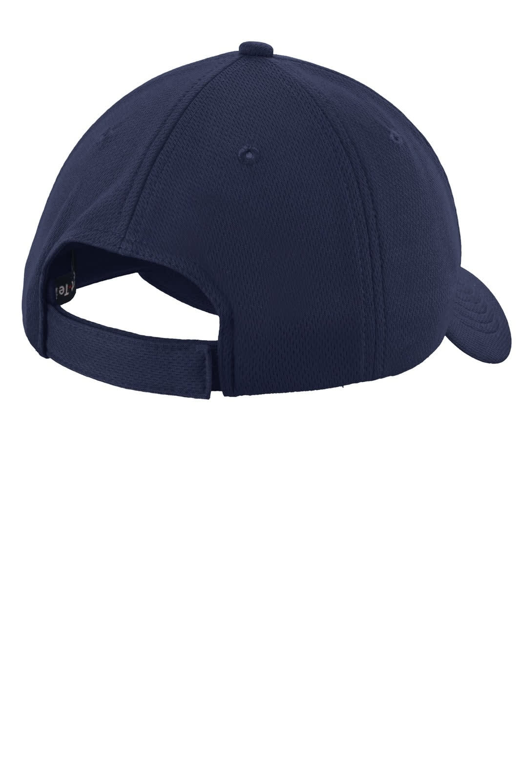 A navy cap featuring a curved brim and adjustable strap at the back, with a logo on the side.