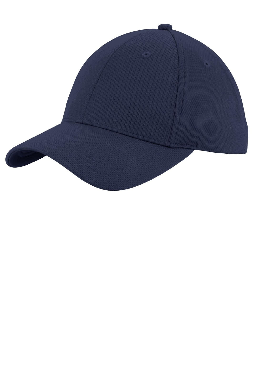 A navy blue Sport-Tek PosiCharge RacerMesh Cap with a structured design and a logo on the front.