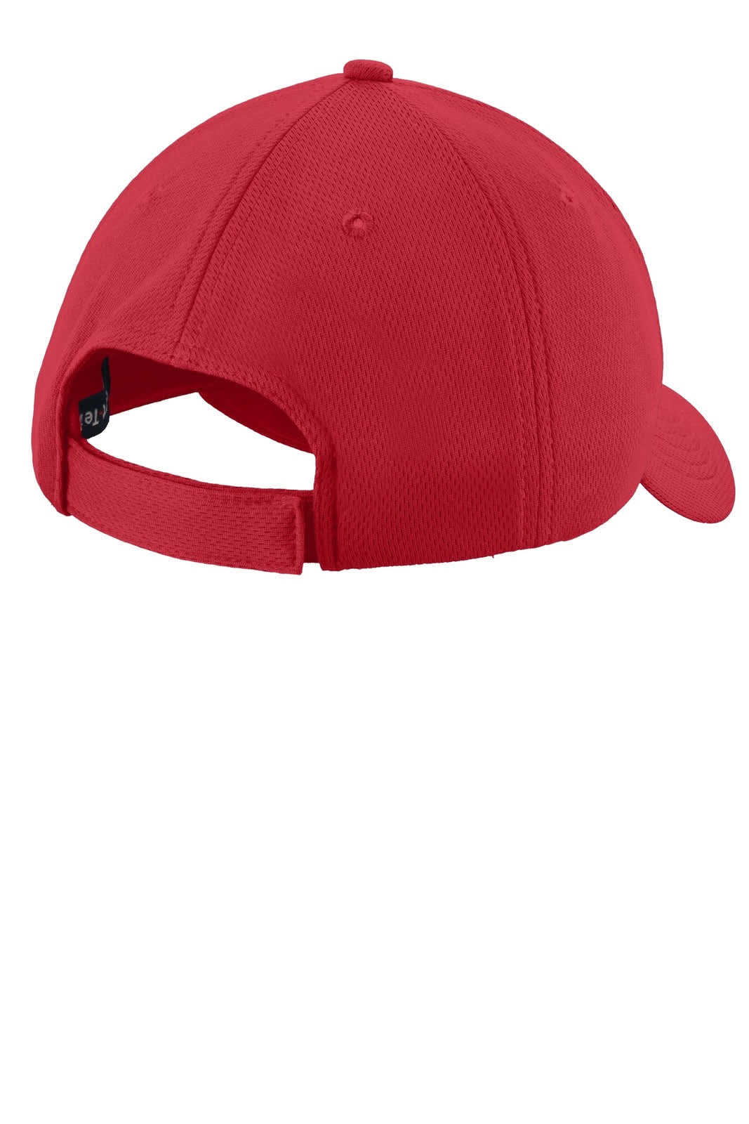 A red Sport-Tek PosiCharge RacerMesh cap featuring a rear adjustable strap and a logo.