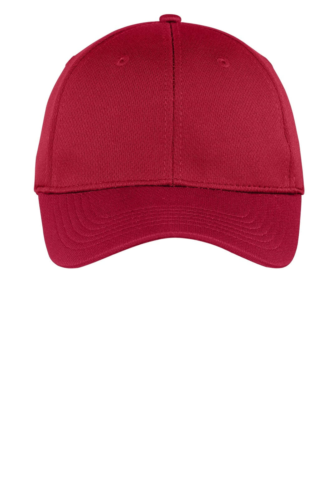 A red Sport-Tek PosiCharge RacerMesh cap with a structured design and a logo on the front.