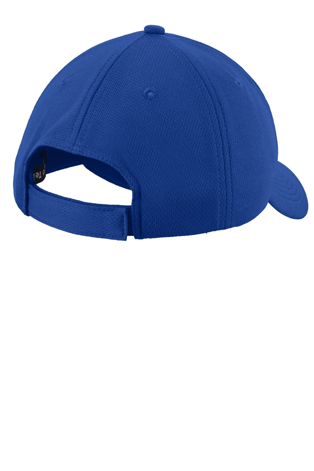 A blue Sport-Tek PosiCharge RacerMesh cap featuring a structured design and an adjustable back strap.