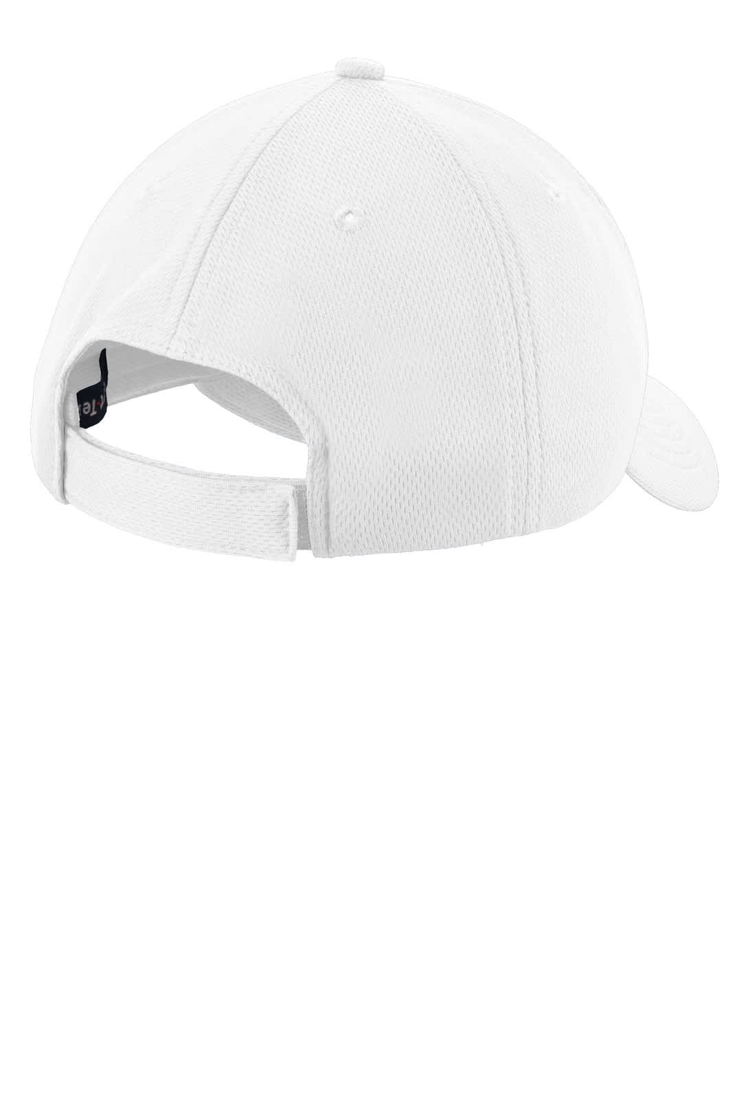 A white cap with a structured design, featuring a back strap and a logo on the side.