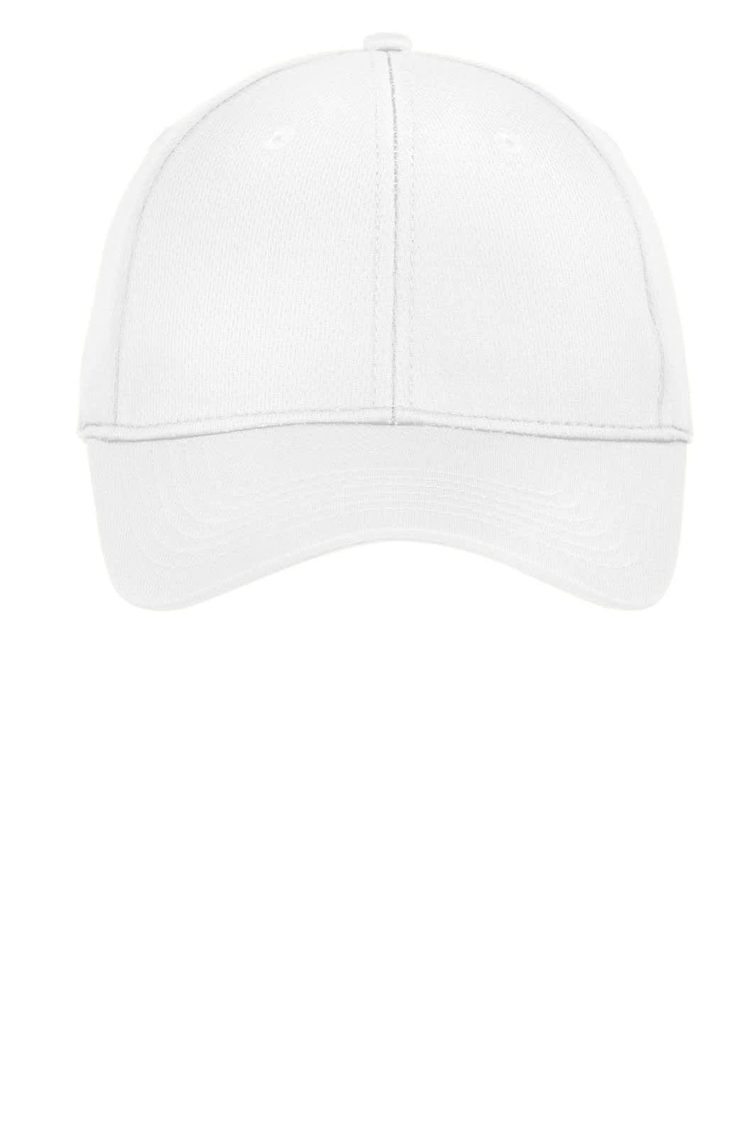 A white cap with a curved brim and an adjustable strap, featuring a logo on the front.