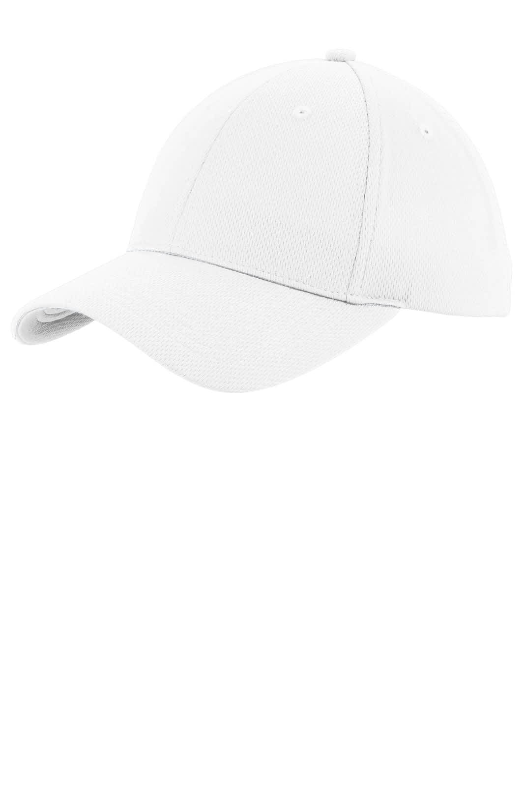 A white Sport-Tek PosiCharge RacerMesh cap featuring a structured design and a logo on the front.
