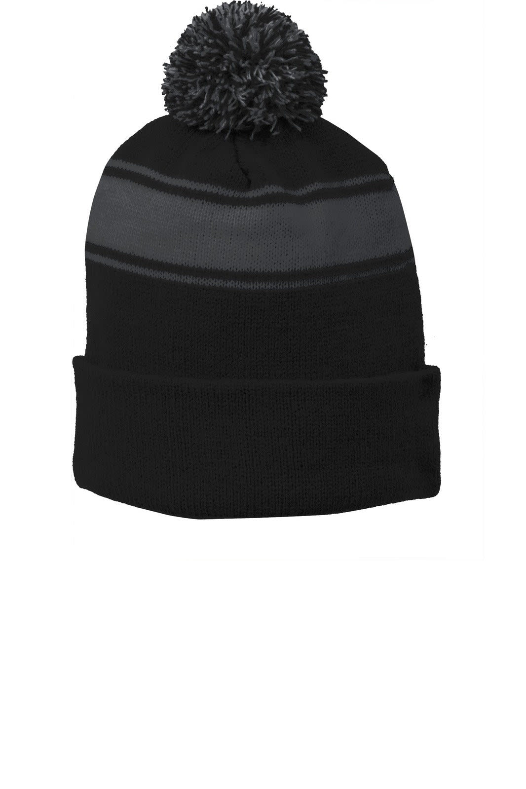 A black beanie featuring a grey stripe and a pom pom on top, with a logo on the side.