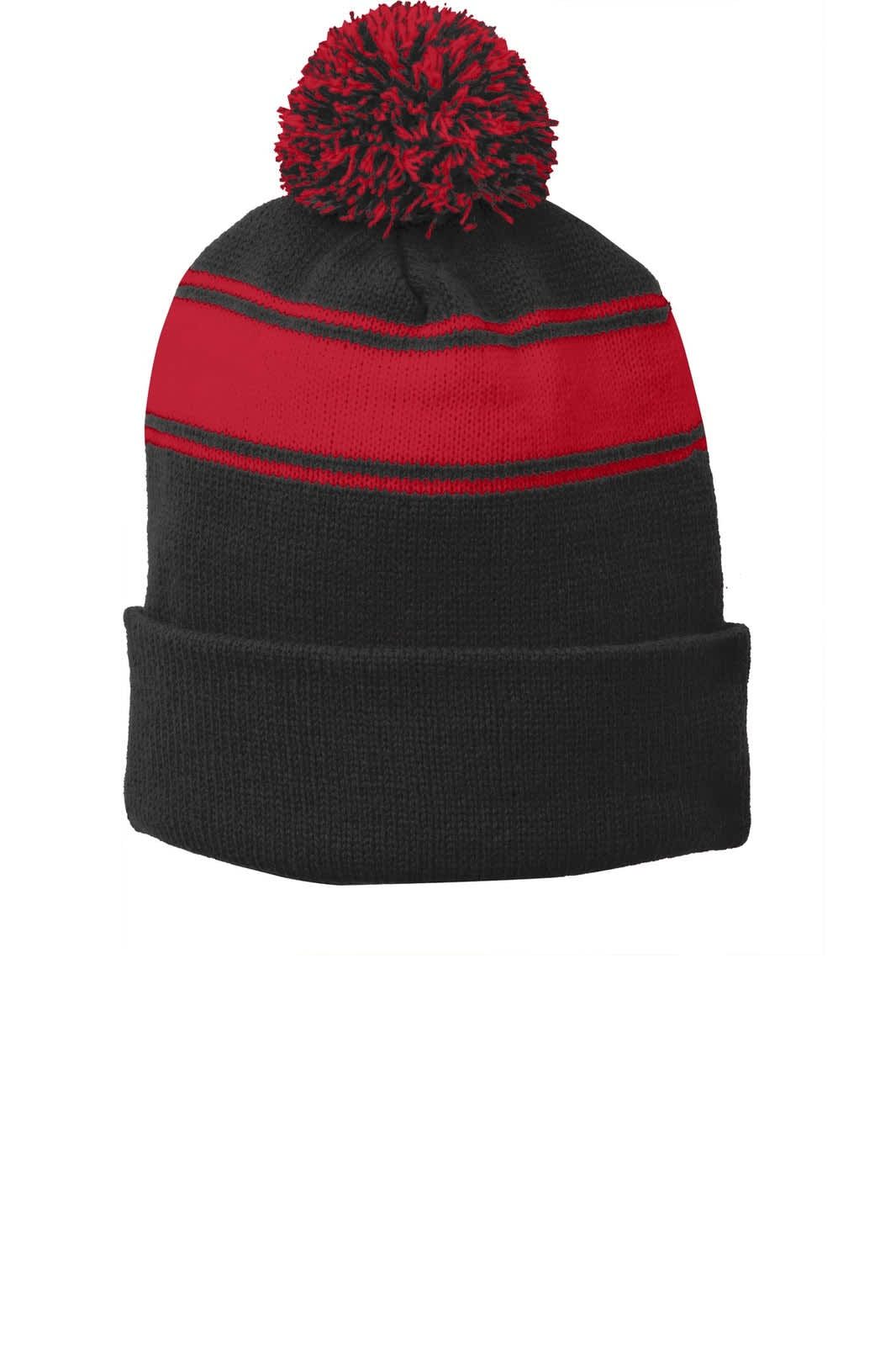 A black beanie with a red stripe and a red pom pom on top. It features a logo on the side.