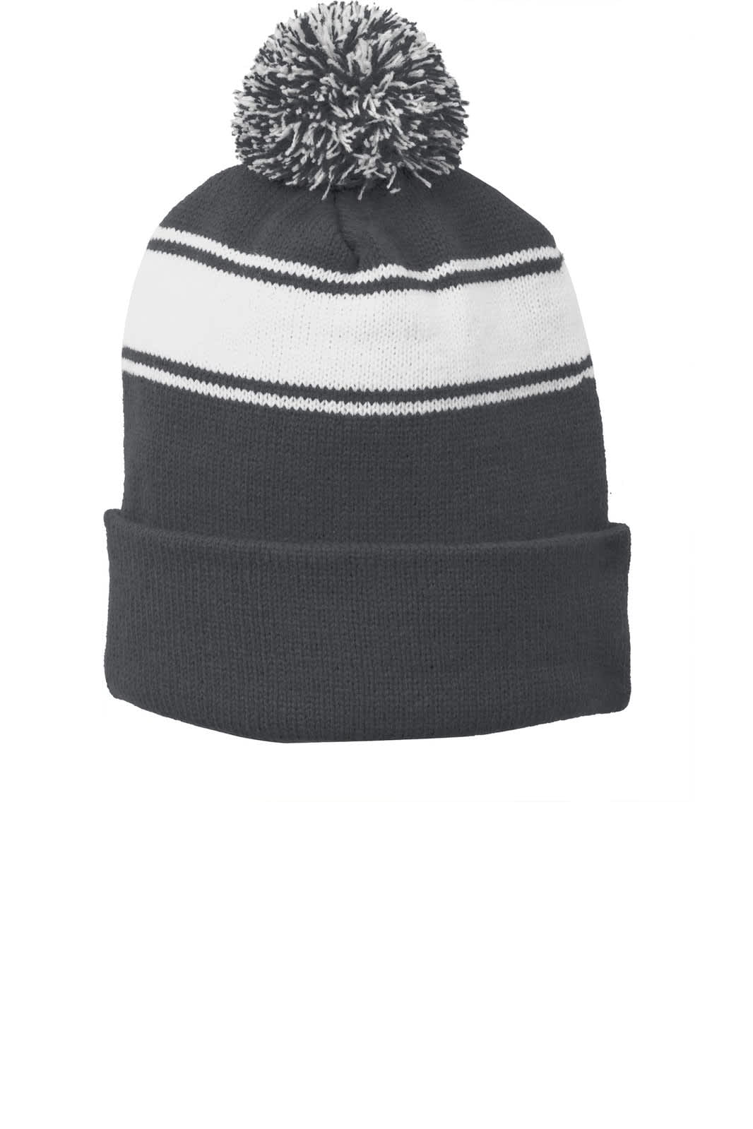 A grey beanie with a white stripe and pom pom on top. It features a folded cuff and has a logo.