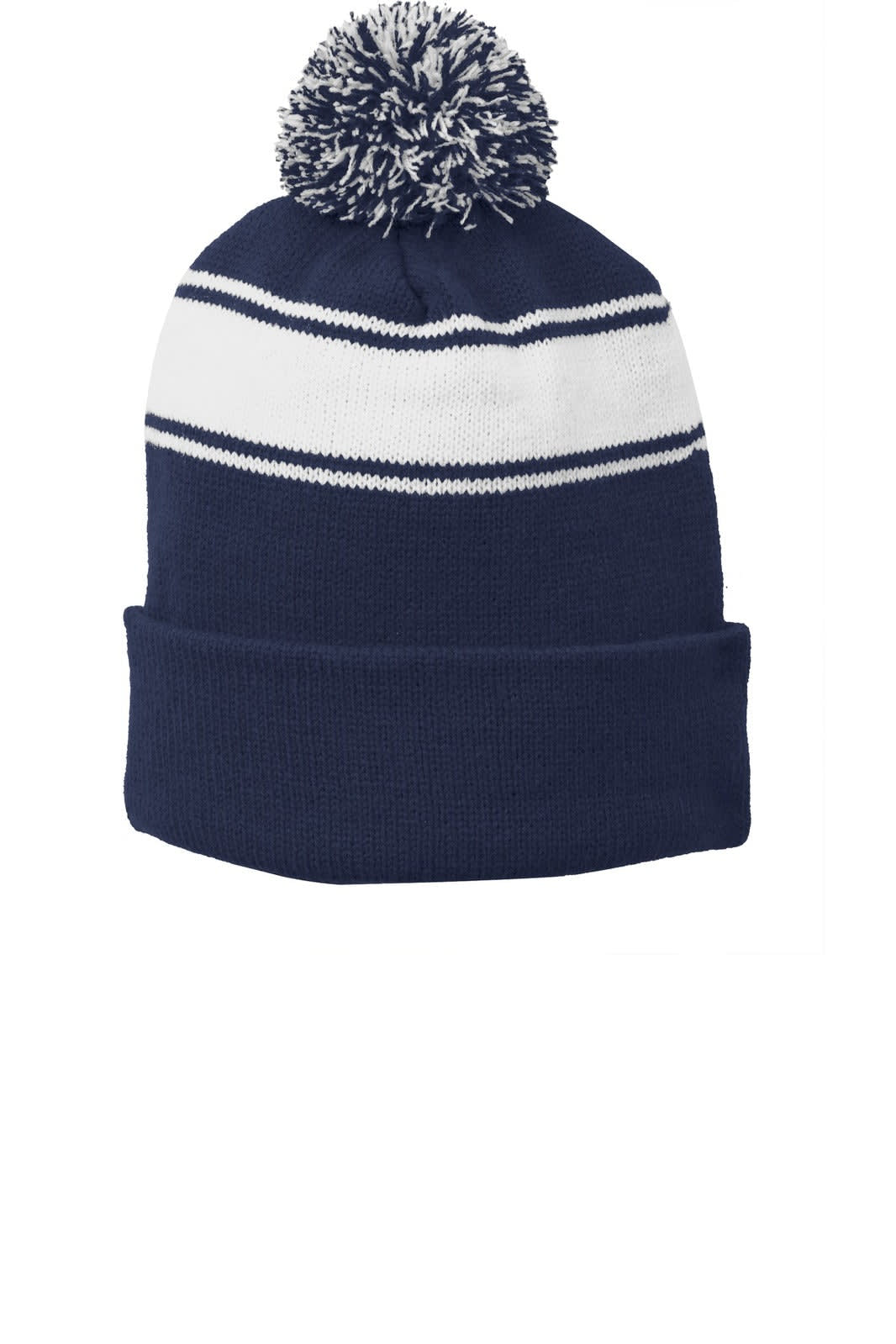 A navy beanie with a white stripe and a pom pom on top, featuring a small logo.