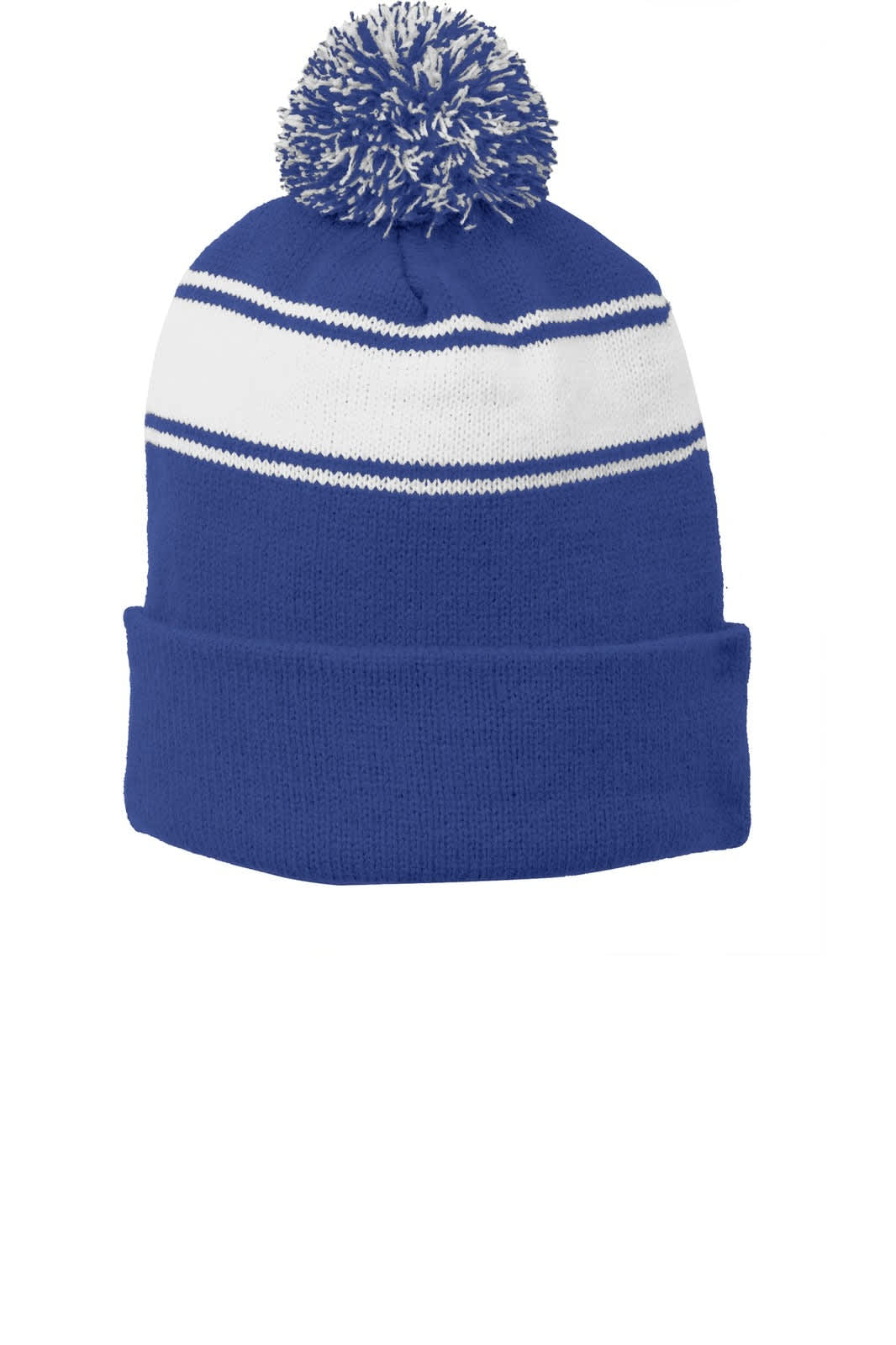 A blue beanie with a white stripe and a pom pom on top, featuring a logo.