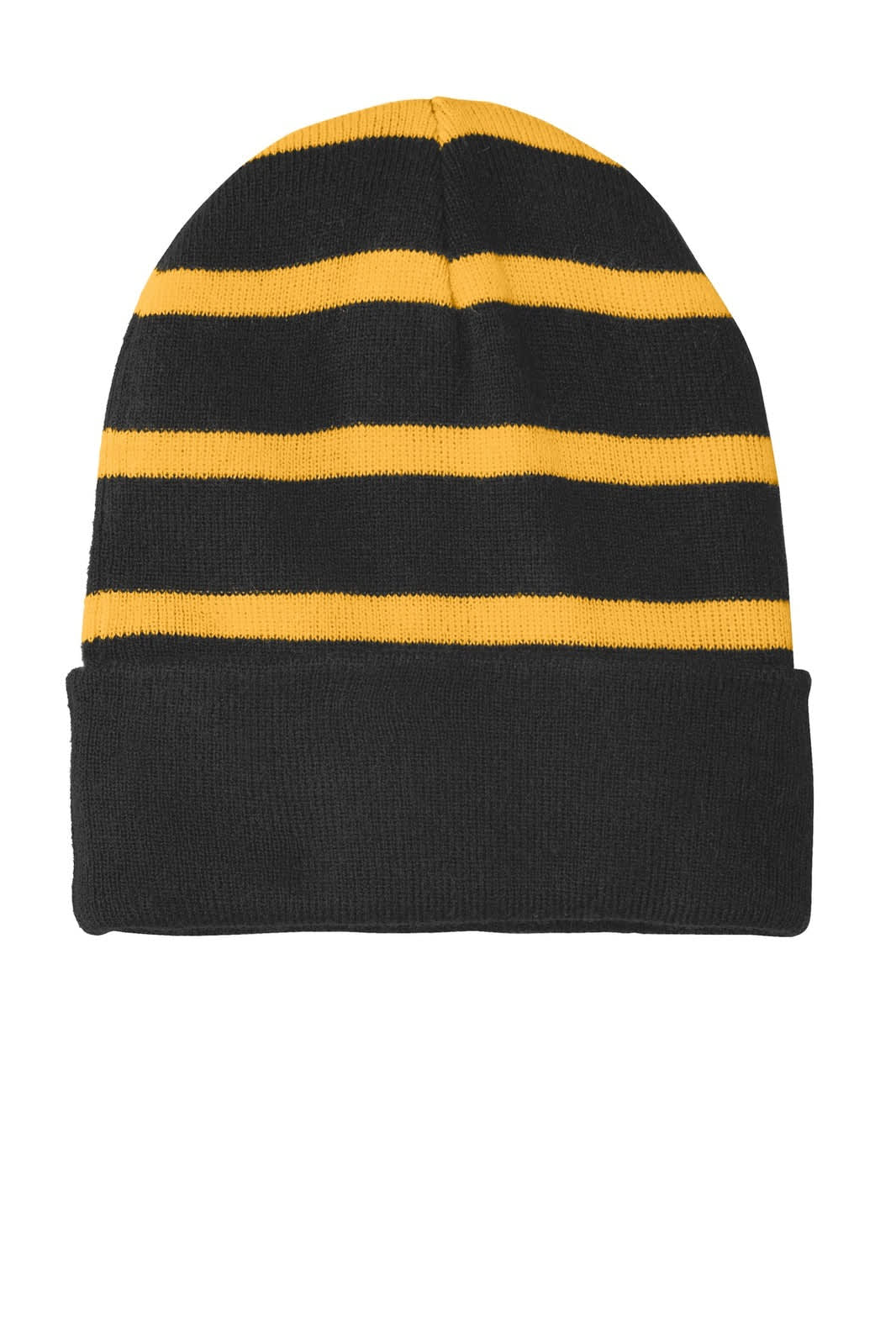 A striped beanie featuring black and yellow stripes with a solid black band at the base. It has a logo on it.