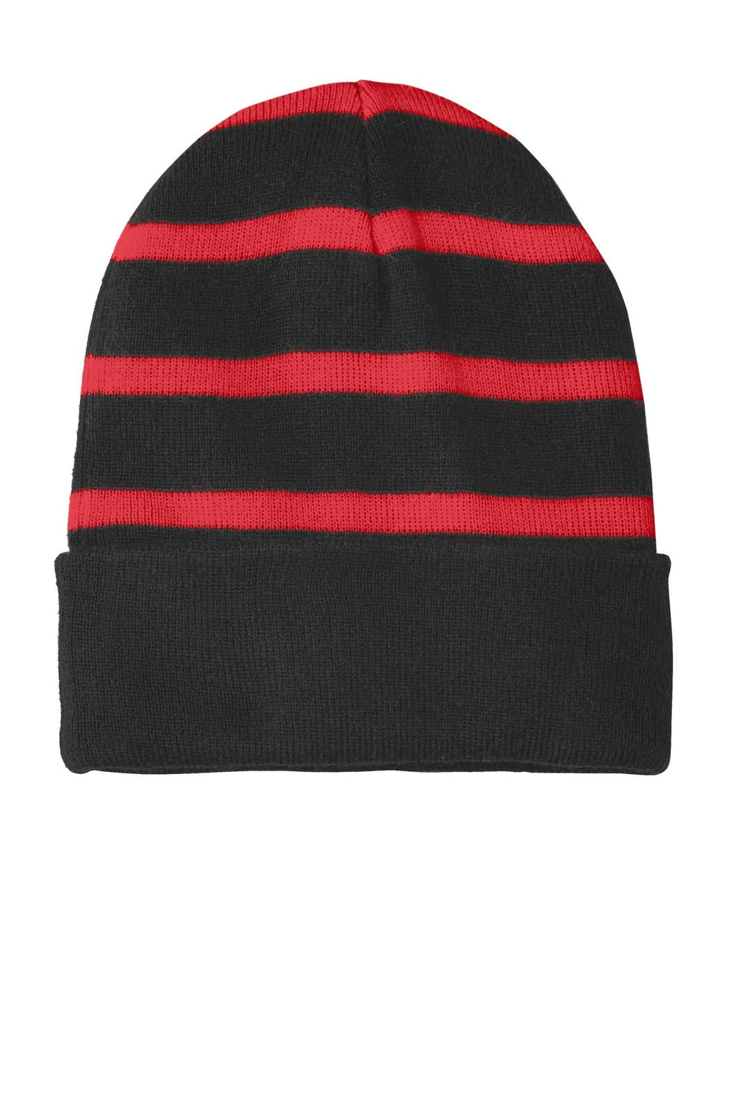 A striped beanie featuring black and red stripes with a solid black band at the bottom. Includes a logo.