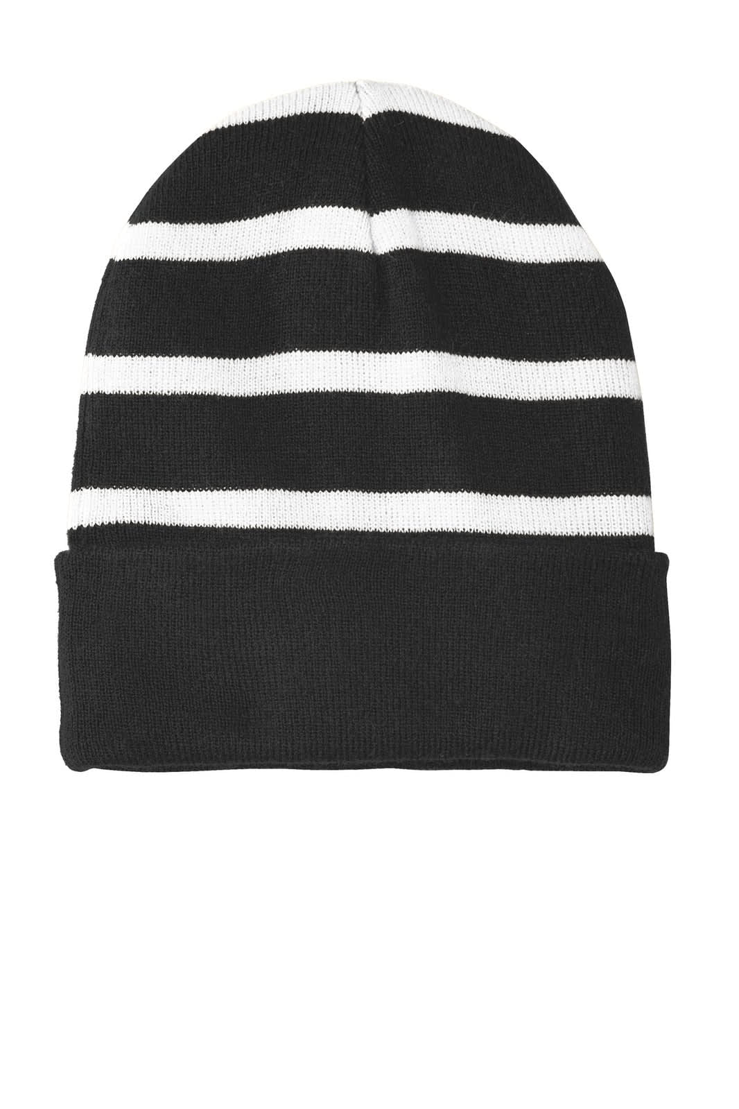 A striped beanie in black and white with a solid black band and a logo.