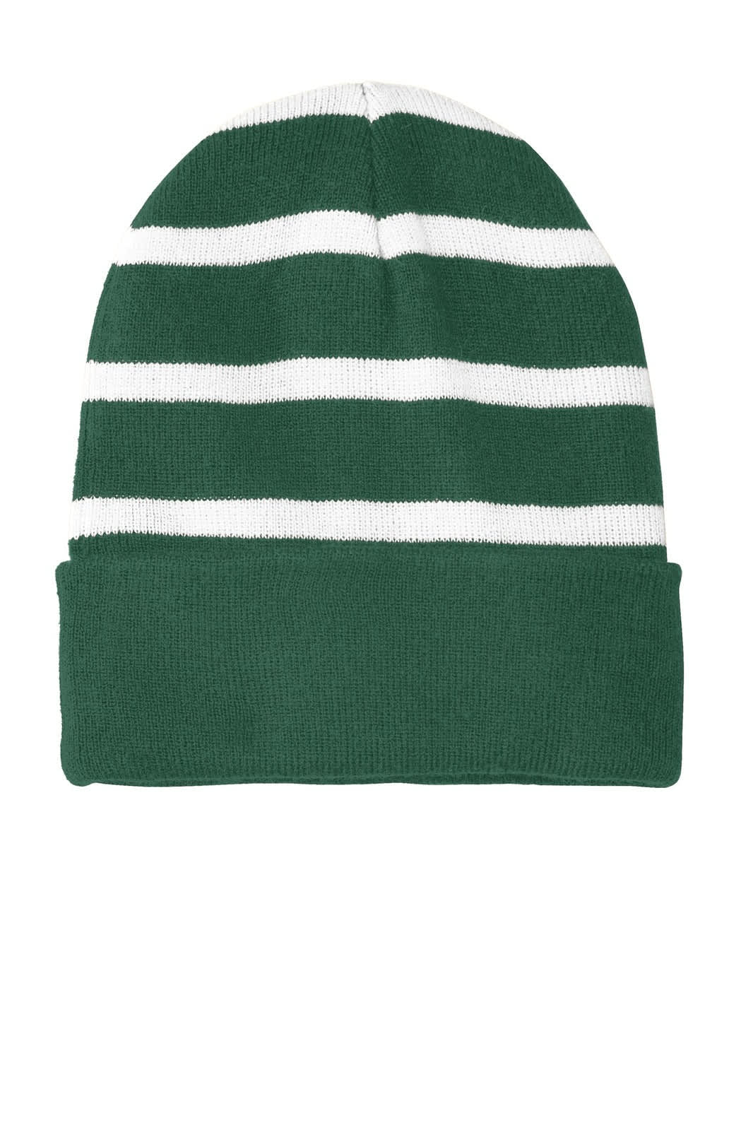 A green striped beanie with a solid white band, featuring a logo on the side.