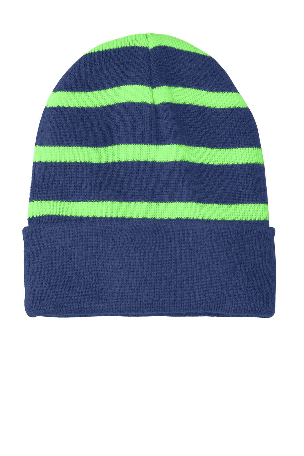 A navy striped beanie featuring bright green stripes and a solid band at the bottom. It has a logo.